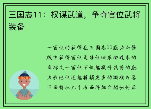 三国志11：权谋武道，争夺官位武将装备